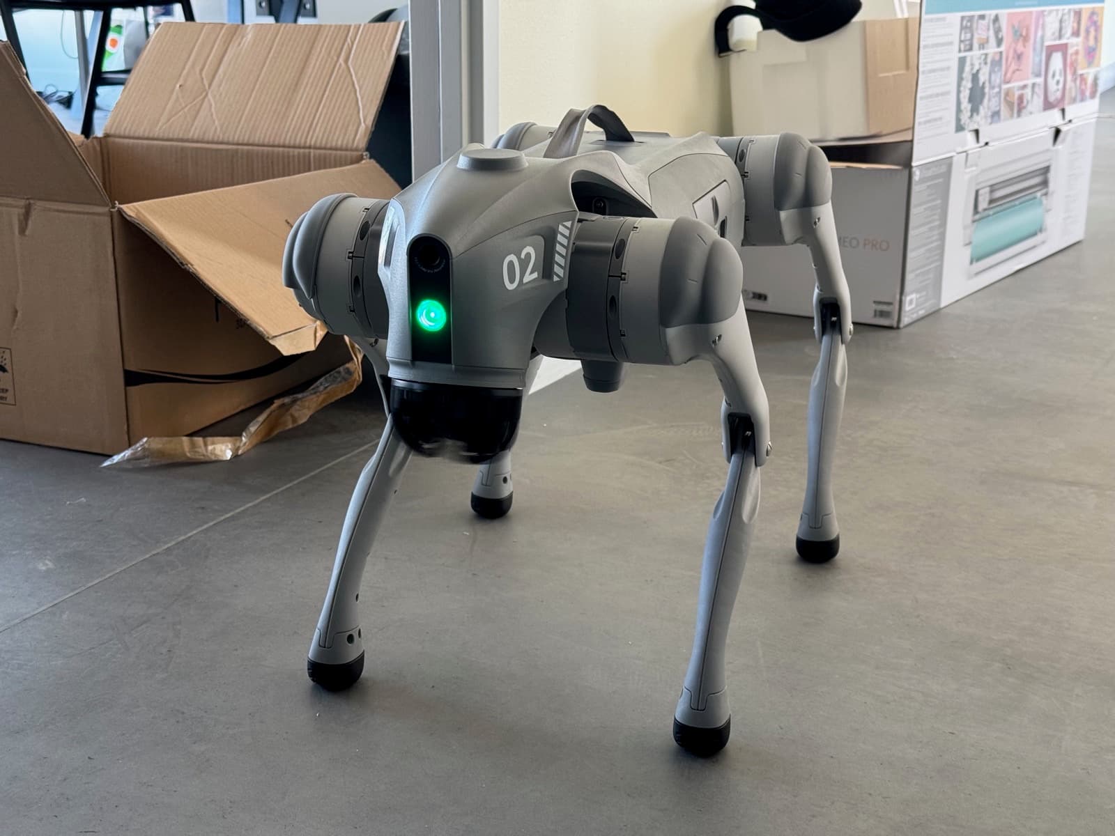 Le robot quadrupède Go2 dans les locaux d'IngéniSolution, caméra frontale allumée.