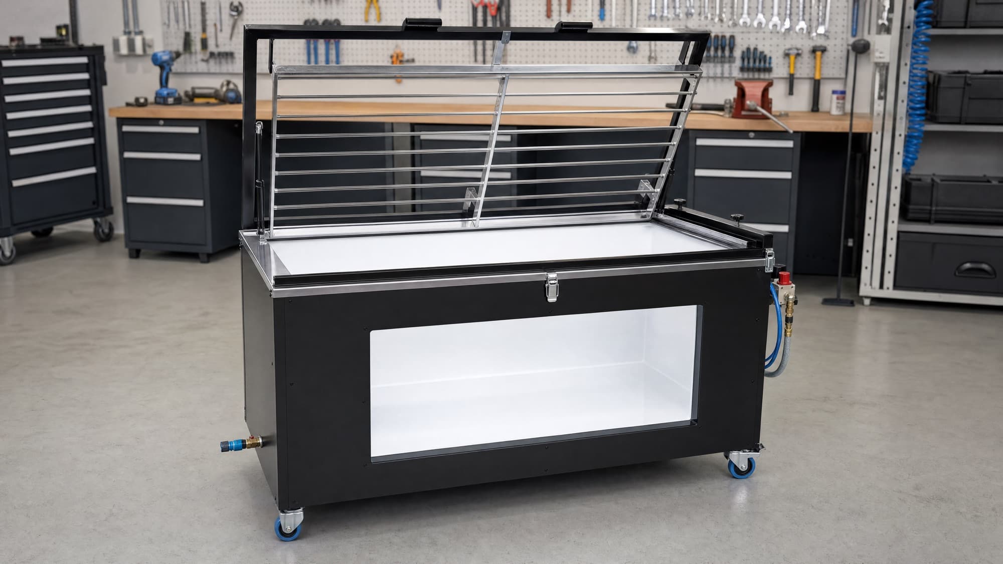 Le banc de contrôle d'étanchéité des waders conçu pour Caperlan — bac vitré, grille articulée et système pneumatique.