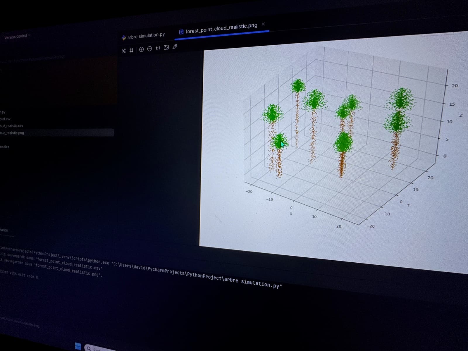 Nuage de points 3D d'une forêt simulée affiché à l'écran.