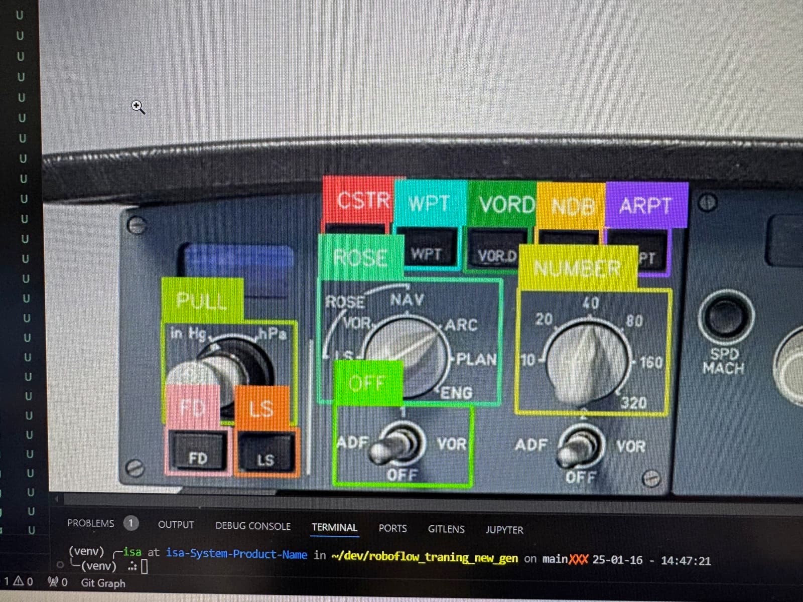 Annotation d'un panneau de cockpit d'avion pour entraîner un modèle de détection.