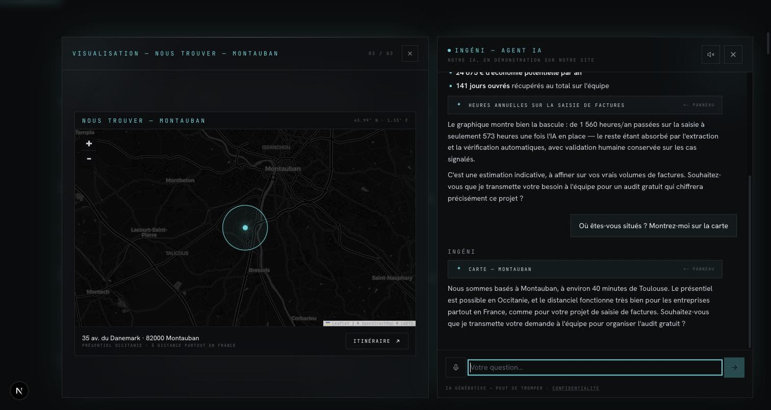 L'agent Ingéni affiche une carte interactive de Montauban à la demande du visiteur.