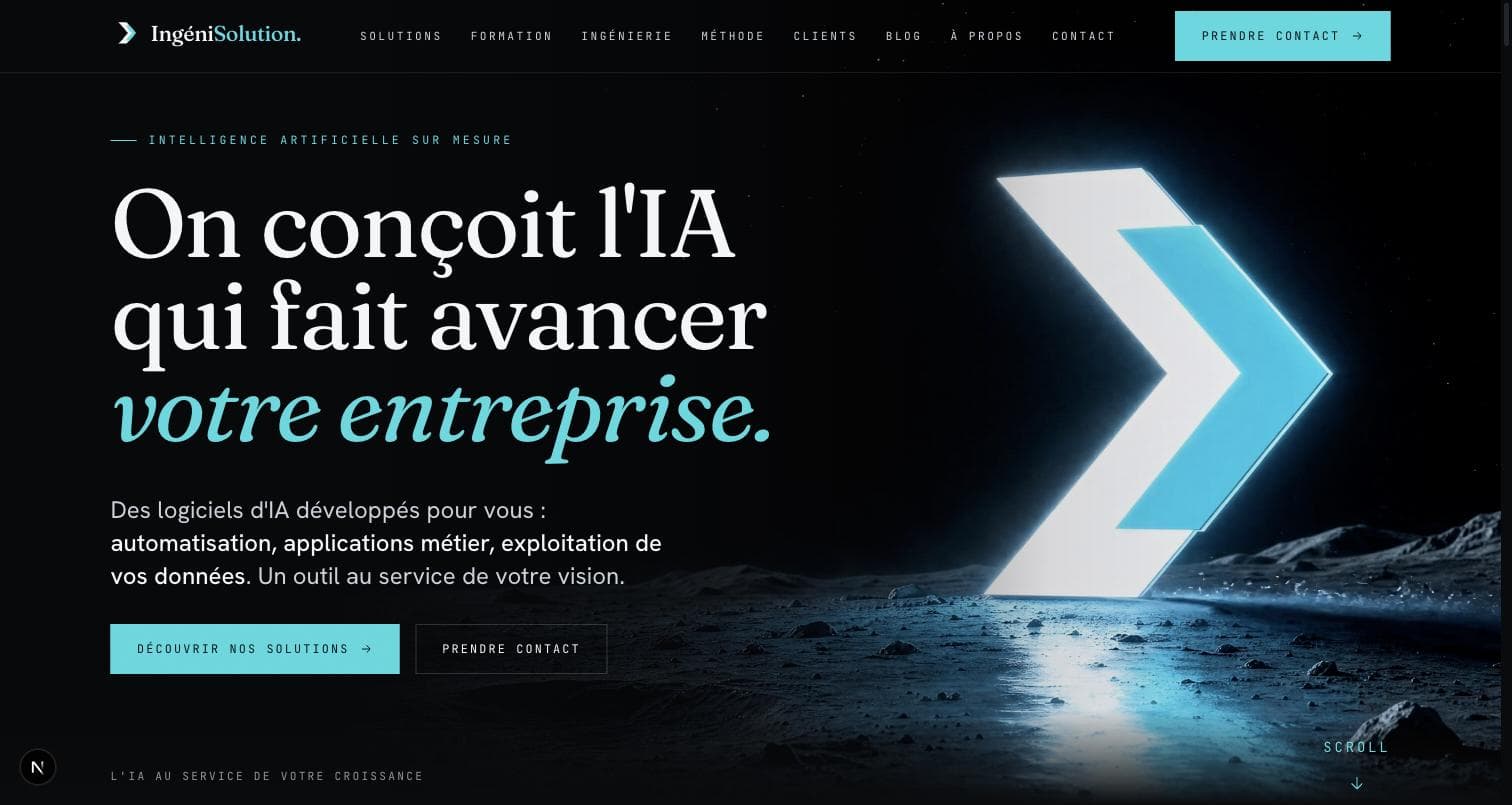 La page d'accueil d'ingenisolution.fr : typographie éditoriale et direction artistique cinématique.